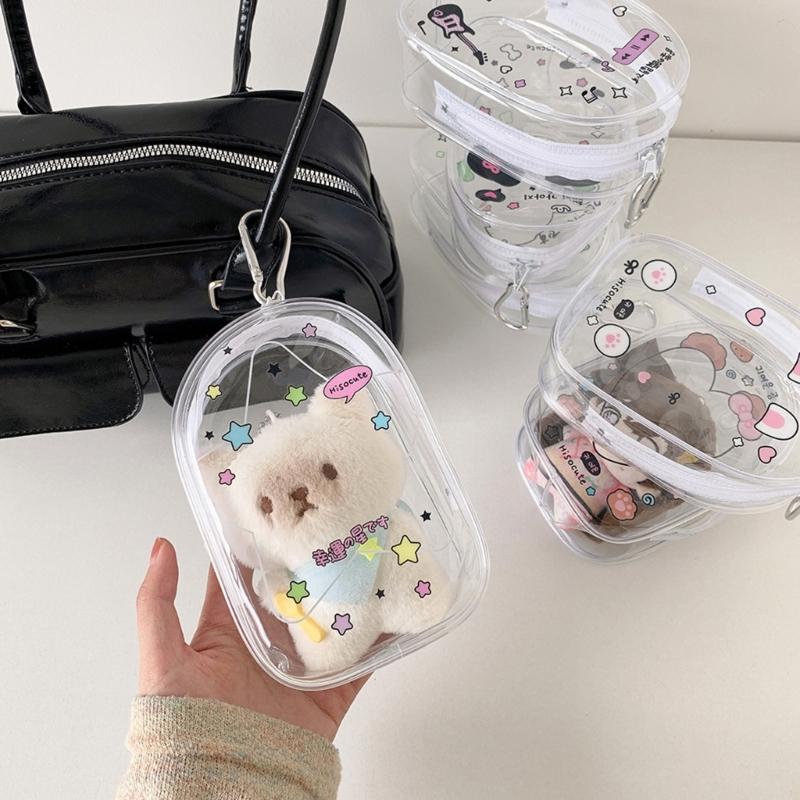Portable Clear Hanging Storage Bag For Mini Figures Dolls Collectibles With Keychain Attachment And Zipper Closure
