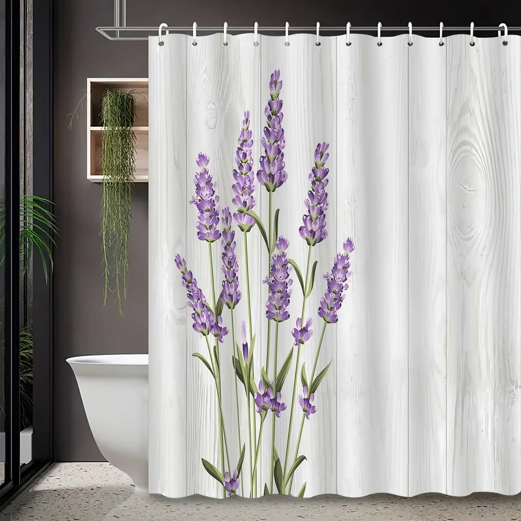 1 Eleganter Lavendel- und Holzschnitt-Duschvorhang - Lila Blumenmuster, Polyester Badezimmerdekoration, Maschinenwaschbar