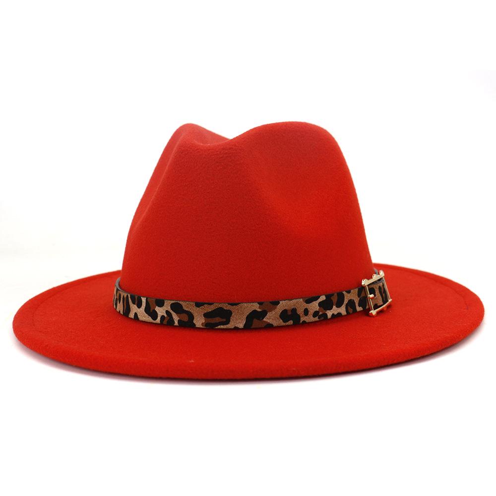 19 Color Women'S Wide Brim Felt Fedora Panama Hat With Leopard Belt Buckle Party Trilby Cowboy Hat Fashion Jazz Cap