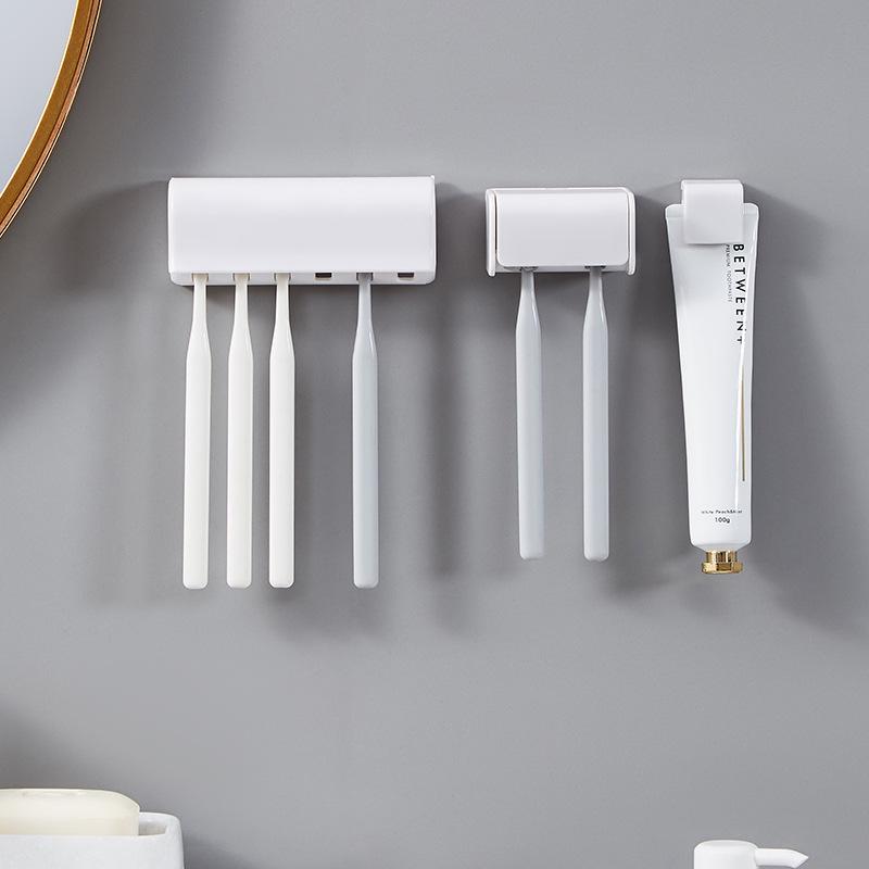 Punch-Free Wall-Mounted Toothbrush and Toothpaste Holder - Multifunctional Bathroom Organizer In White