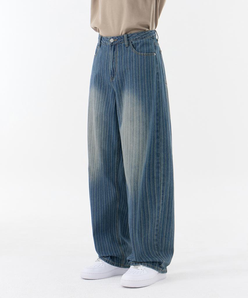 Akeusi Loose Textured Stripe Balloon Fit Wide Denim Pants Unisex (Medium Blue)