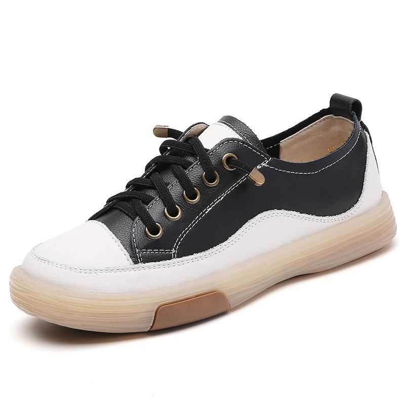 Fashion Genuine Leather Women Soft Sole Walking Shoes Girl Student Jooging Sneaker White Black Flats Female Casual Skate Trainers Summer