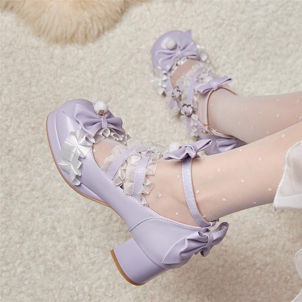 Fashion Cross Strap Women High Heels Mary Jane Pumps Party Wedding White Pink Purple Beige Strawberry Bow Princess Cosplay Lolita Shoes