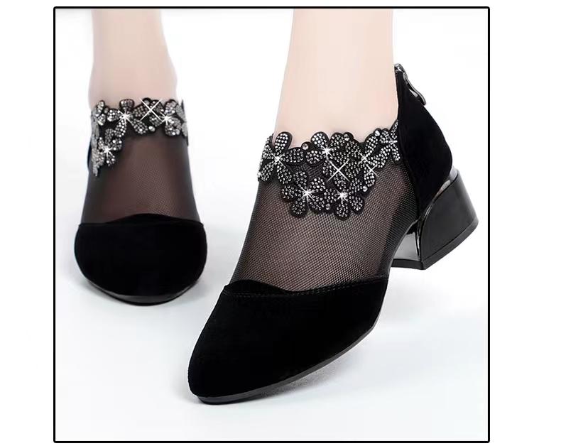 Eleganti sandali da donna con tacco a blocco in rete di strass e cerniera posteriore - perfetti per ogni occasione