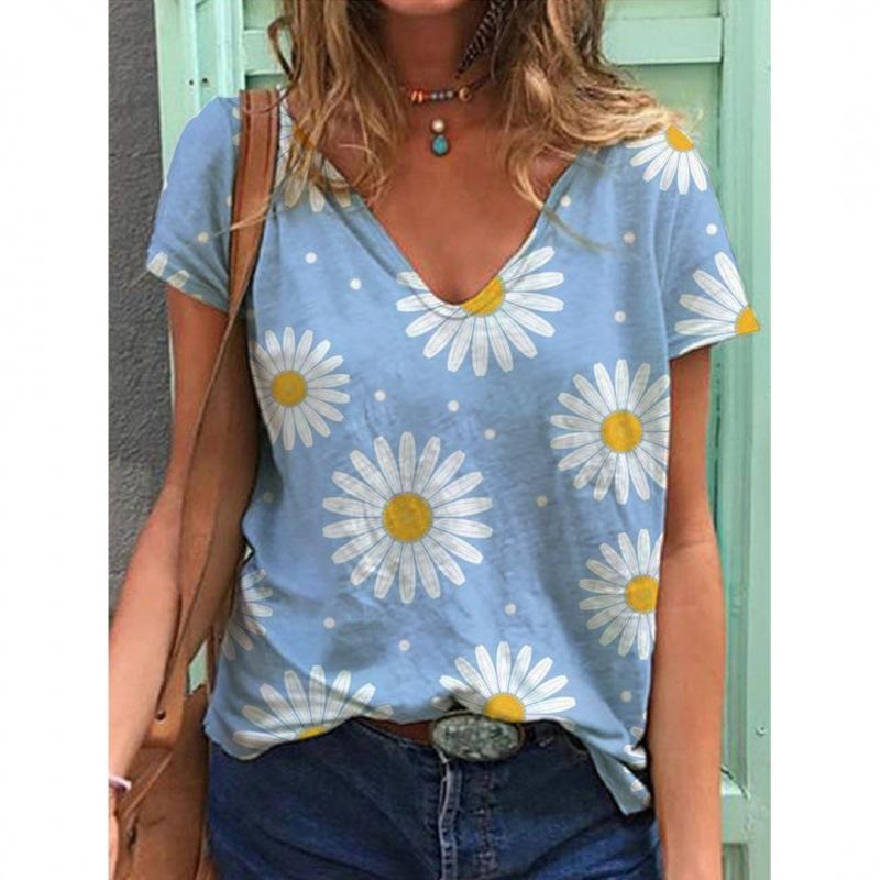 V-neck T Shirts Street 3D Printed Tees Short Sleeved Floral Bird Loose T-shirt for Women