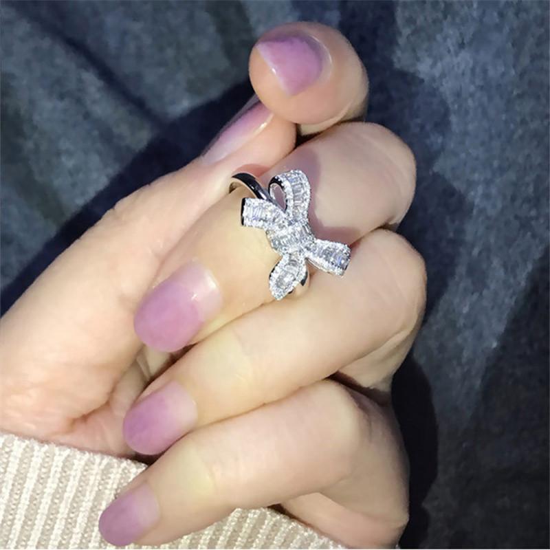 Luxury 925 Sterling Silver Bowknot Shape Rings for Women Female Accessories High Quality Brilliant CZ Hot Jewelry Cute Bow Ring