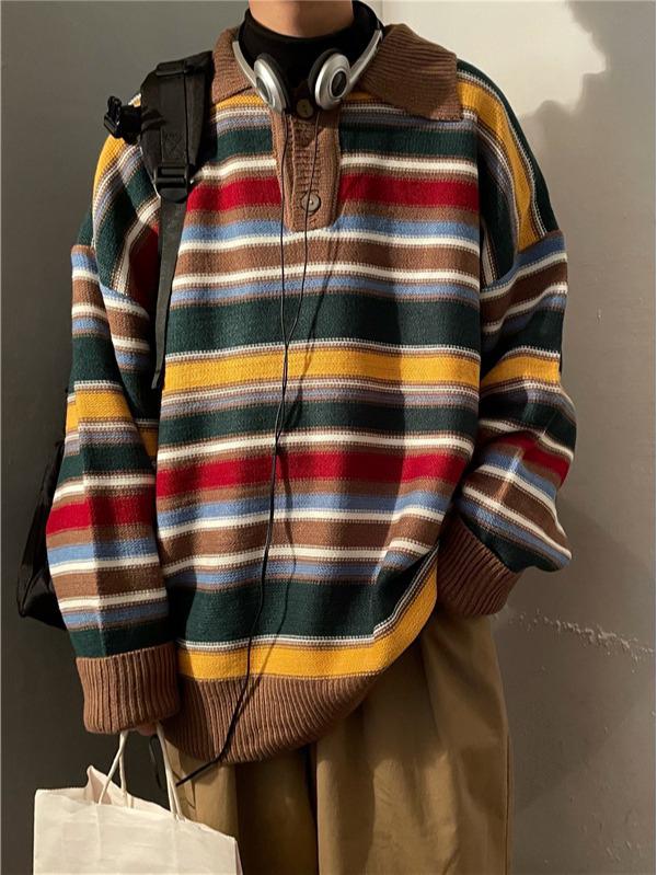 

«Мужской ретро-японский вязаный свитер в радужную полоску — свободный крой, ленивый стиль, весенний свитер сверху» M