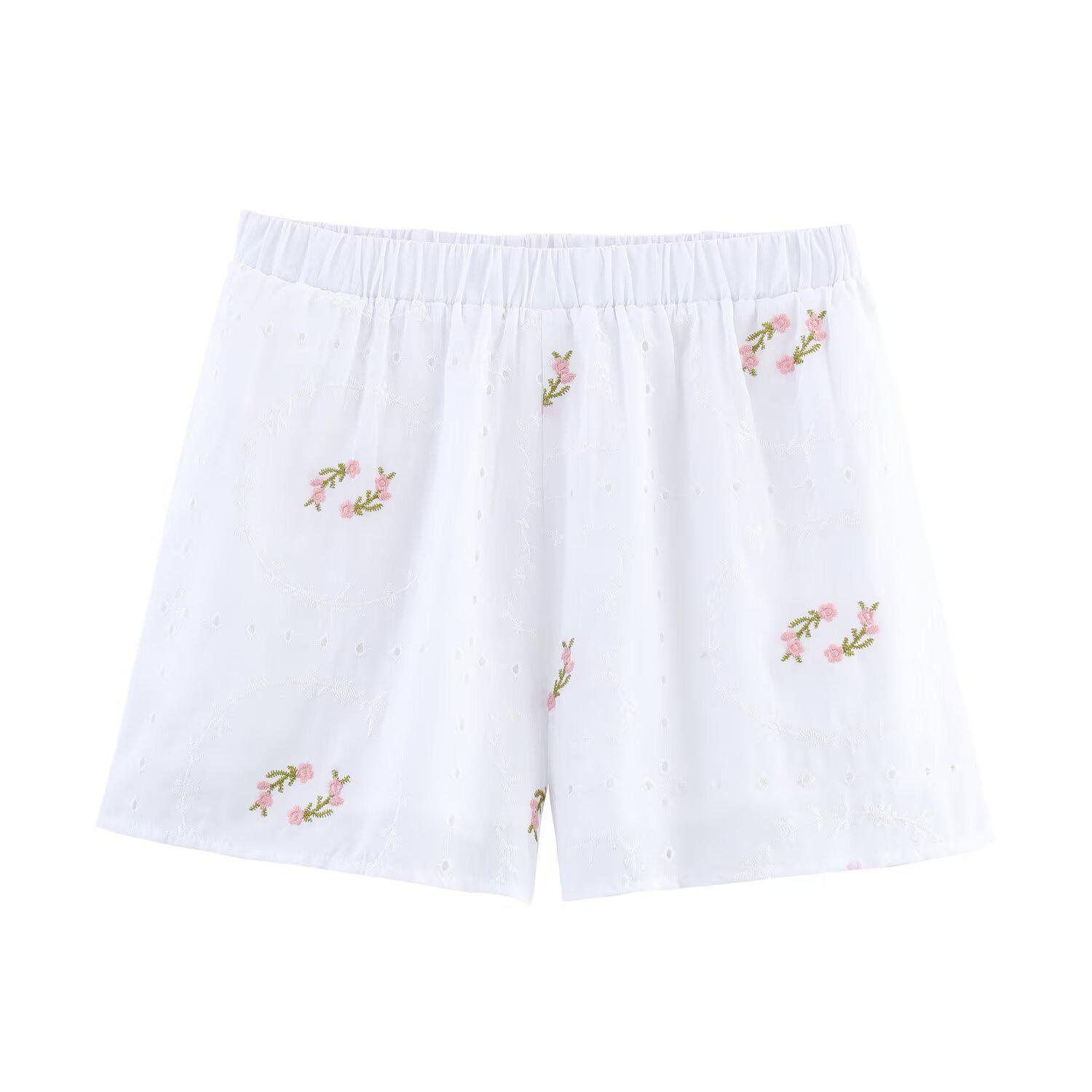 Summer Women s Fashion: Embroidered Floral Shirt & Shorts Set S