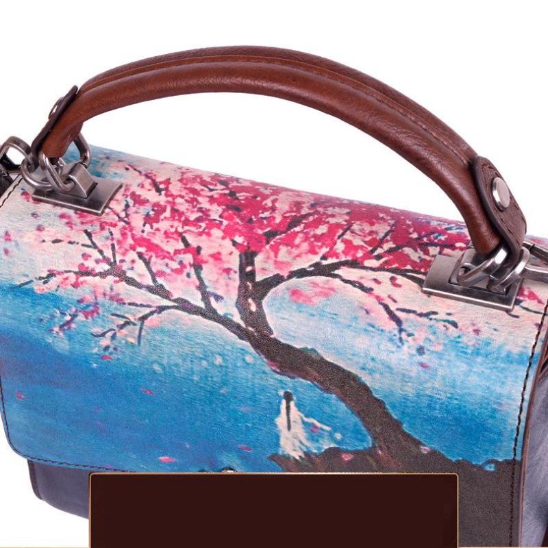 Johnature Vintage Genuine Leather Landscape Print Flap Bags For Women Retro Handbag Cowhide Shoulder & Crossbody Bags