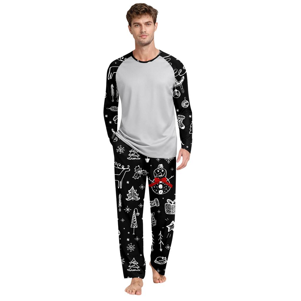 Men's Printed Round Neck Top Casual Comfortable Long-Sleeved Pants Pajama Set