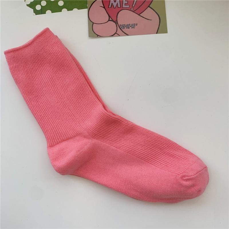 Bomull Ensfarvede Sokker for Kvinner, Høst Tynne Tynne Stripete Frotte-sokker for Kvinner, Midt-legg Sokker