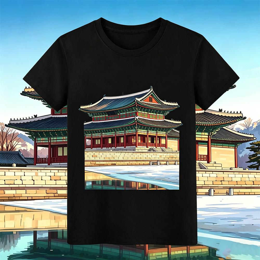 Fashion Unisexs Tshirt South Korea Gyeongbokgung Palace Print TShirt Unisex and Unisex Casual Cotton Breathable Short Sleeve Top