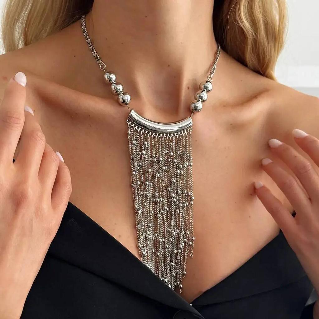 Ingemark New Exaggerated CCB Bead Tassel Pendant Necklace Women Vintage Metal Geometric Clavicle Chain Party Luxury Jewelry Gift