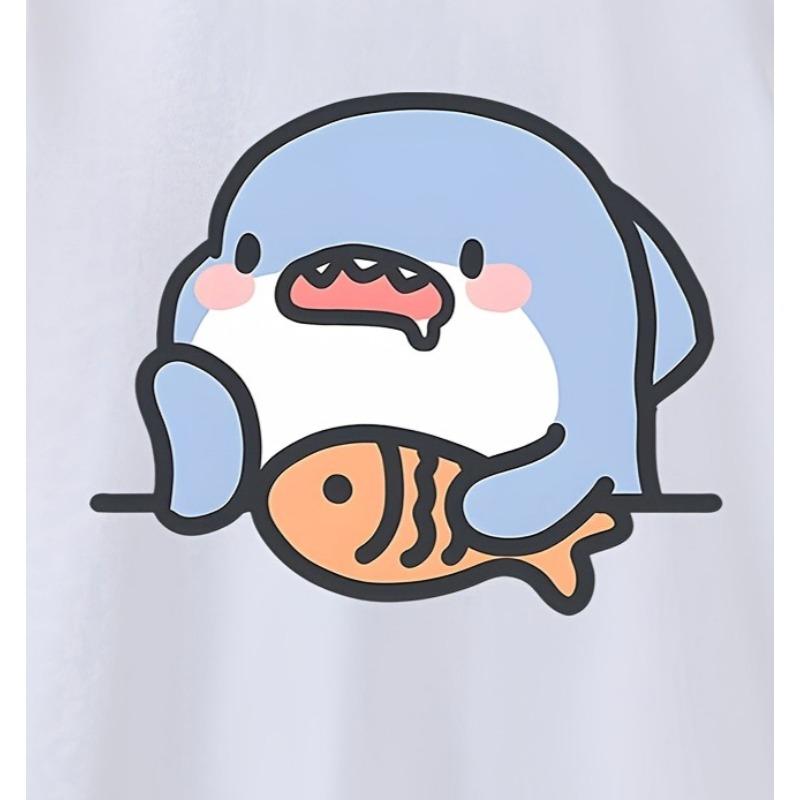 European Size Childrens Round-neck Short-sleeved T-shirt with Cartoon Shark Pattern Print