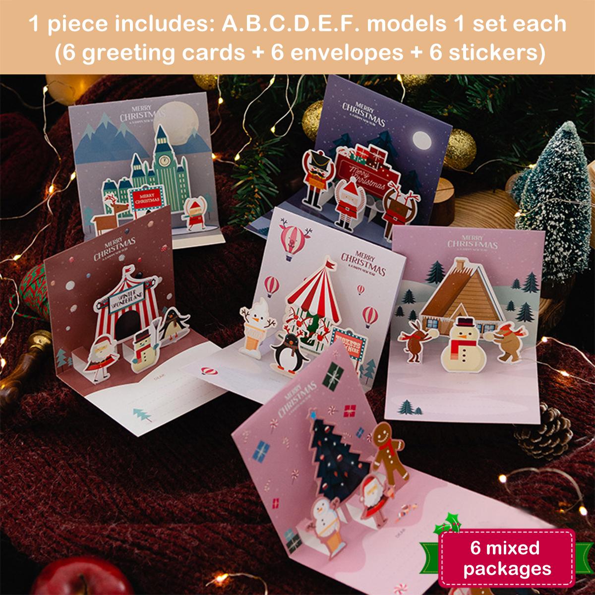 

6PCS 3D Three-dimensional Greeting Card Creative Christmas Eve Gift Message Card Holiday Greeting Card Holiday Supplies
