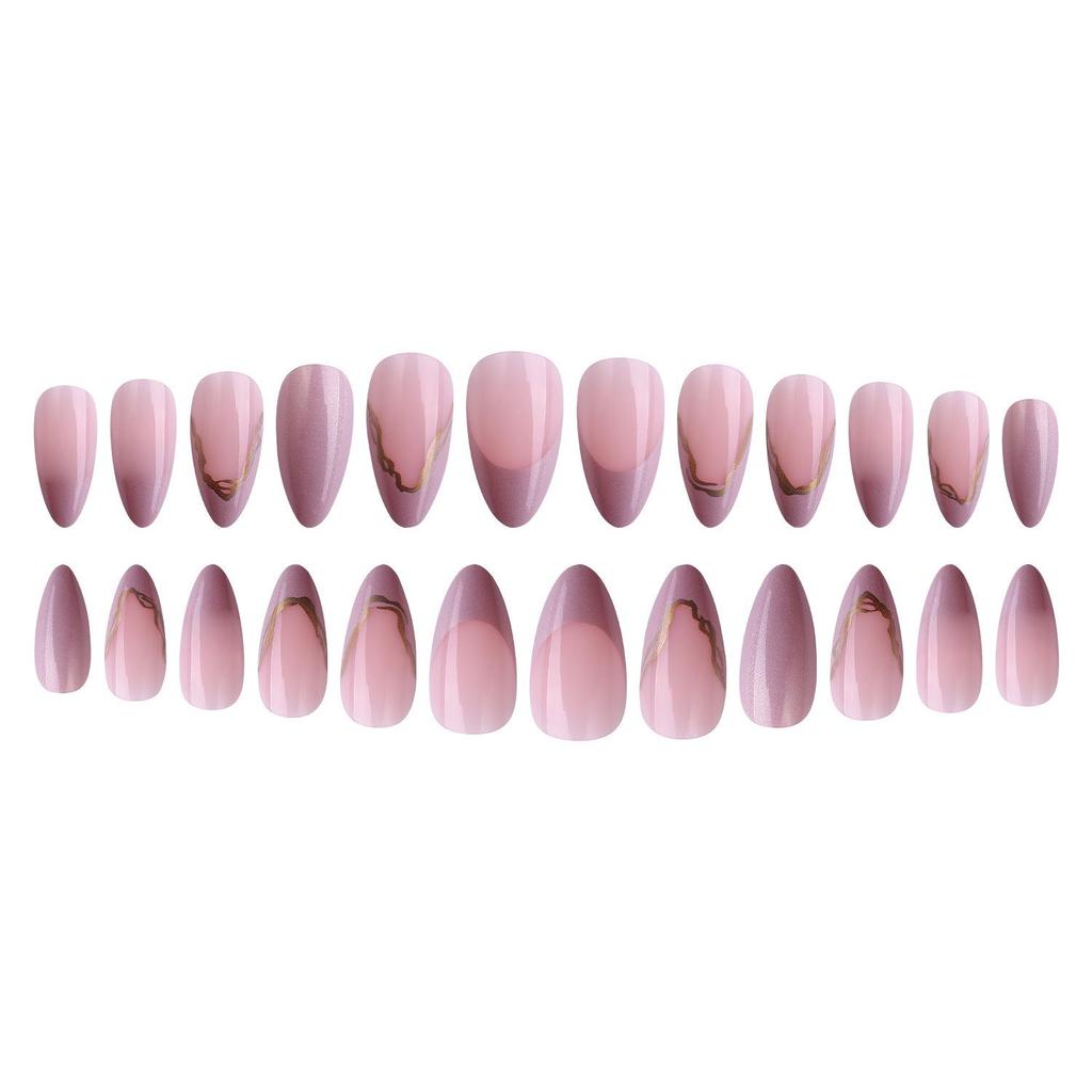 Elegant Nude Pink Gold Foil Almond-Shaped Wearable Nails with French Gold Line Design