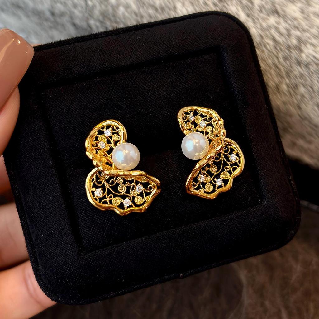 Gold-Plated Silver Zircon Pearl Stud Earrings - Chic High-End Style for Women
