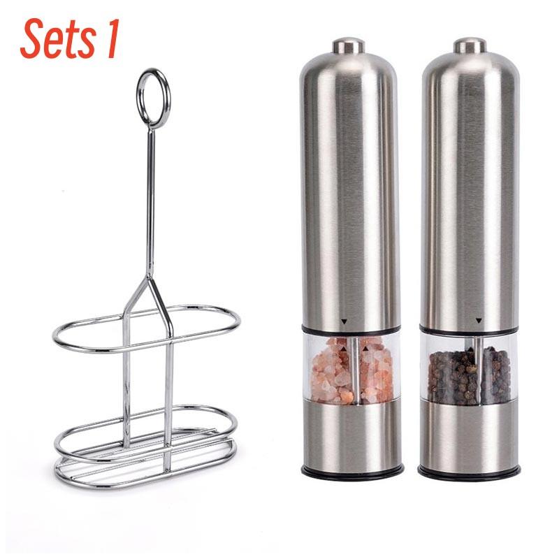 Electric Salt Grinder Set with Steel Shelf,Stainless Steel Pepper Mill with LED Light,Adjustable Coarseness Pepper Grinder Tools