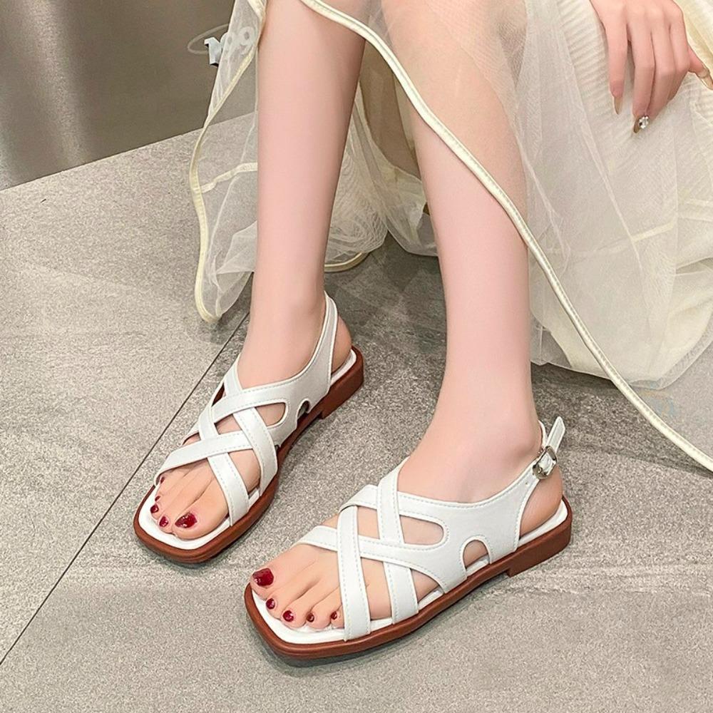 Sapatos Femininos Bebealy Primavera Nova Moda Sandálias Versão Coreana Retrô Borracha Trançada Salto Baixo Bico Quadrado Chinelos de Praia Sapatos Romanos