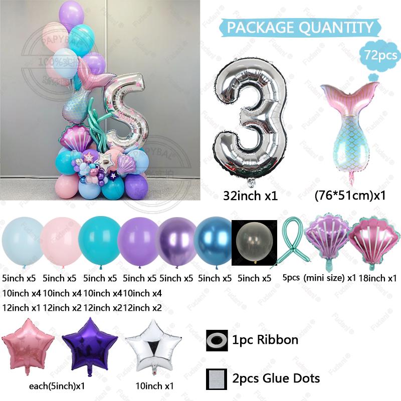 

72 Pcs Mermaid Tail Ball Digital Foil Balloon Set Mermaid Ocean Fairy Tale Sea Theme Girl Birthday Party NUMBER0-9 Decoration 32inch