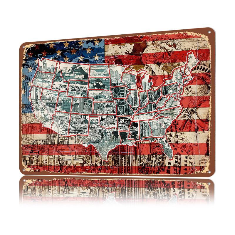 Usa Map Drawing Collage Personalized D Textured Metal Poster Wall Art Tinplate Sign for Modern Home Decoration Ornaments Room