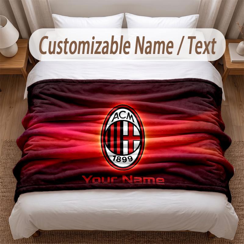 AC Milan Printed Flannel Blanket Custom Name Text Soft Warm Throw For Bedroom Holiday Gift