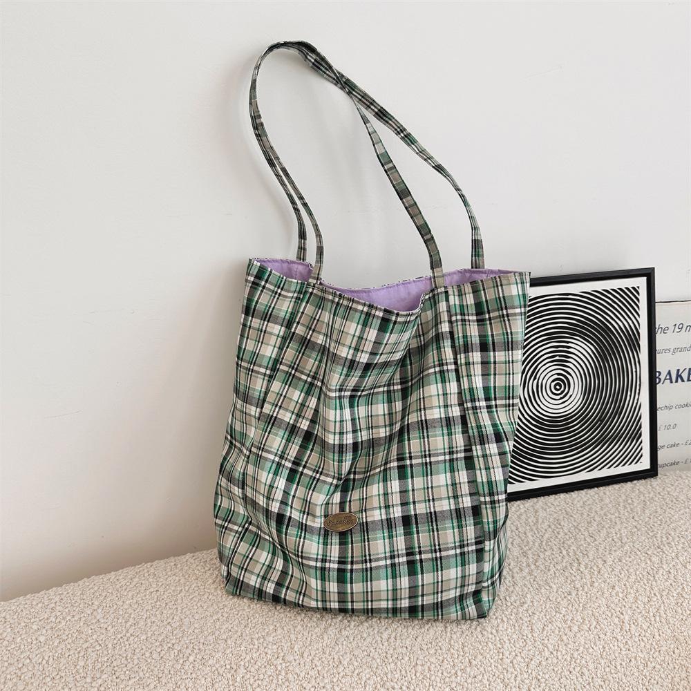 Большая вместимость, Минималистичный, Клетчатая сумка на одно плечо, Легкая, Холщовая сумка для поездок на работу, Двусторонняя, Сумка-тоут двойного назначения