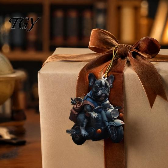 Christmas Party Hanging Decoration Puppy Riding Motorcycle Car Pendant, 2D Flat Acrylic Rearview Holiday Gift for Dog Lovers Mirror Charm,