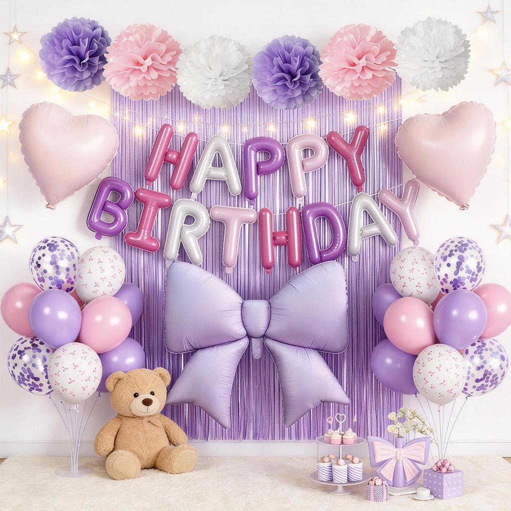 Tonpop Birthday Decoration Balloon Set Purple Balloons Garland Ribbon Heart Tassel Curtain Paper Flowers Party Decor for Girls