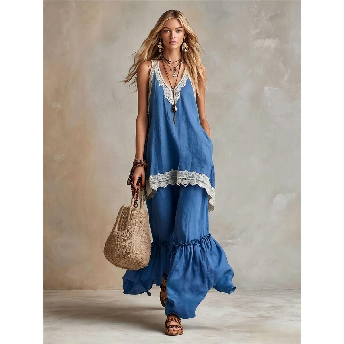 Damen Boho 2-teiliges Outfit V-Ausschnitt Ärmelloses Oberteil Rüsche Weite Hosen Beinteil Set Locker Lässig Feiertag Damen Zweiteiliger Anzug XXXL