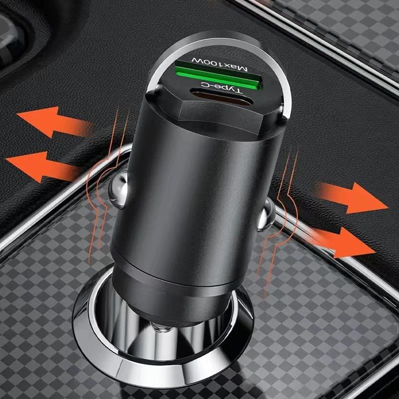 Mini PD 100W USB Car Charger Lighter Type C Car Charger Pull Ring Mobile Phone Super Fast Charging Car Charger For iPhone Xiaomi