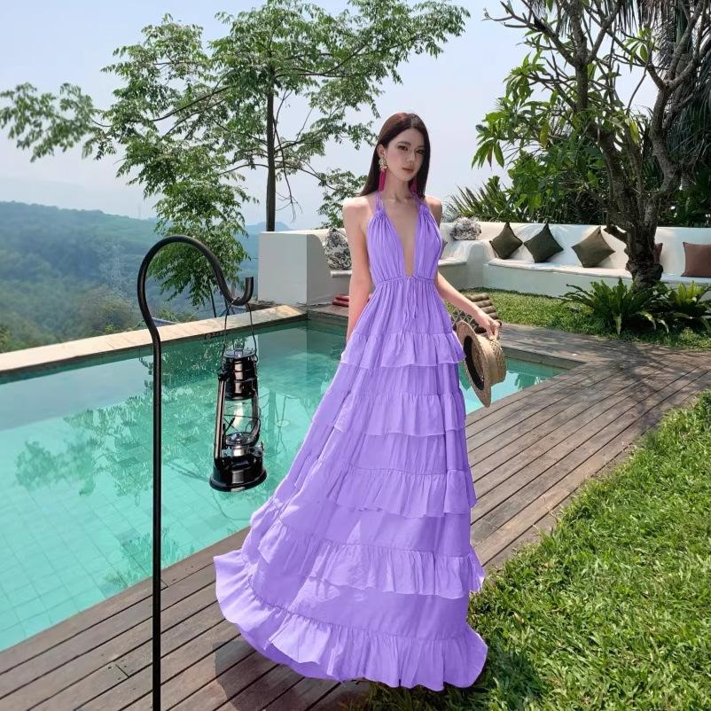 French Retro Red V-neck Neck Dress Loose Vacation Beach Dress Sexy Halter Cake Dress