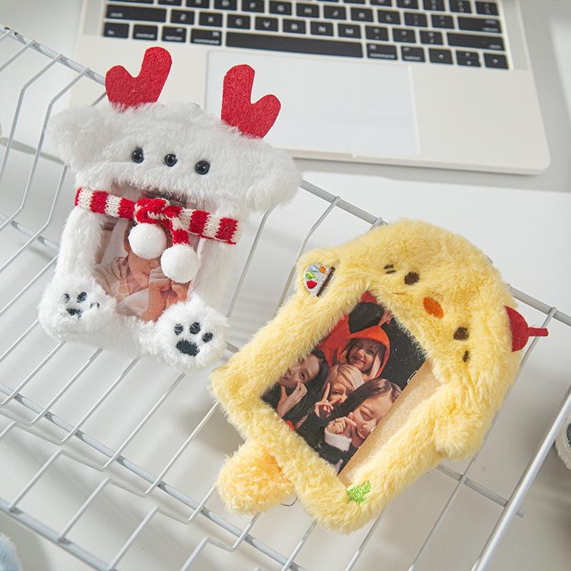 Christmas Photo Card Holder Plush Kawaii Kpop Idol Photo Display Pendant Student ID Card Protective Cover Keychain Xmas Gifts