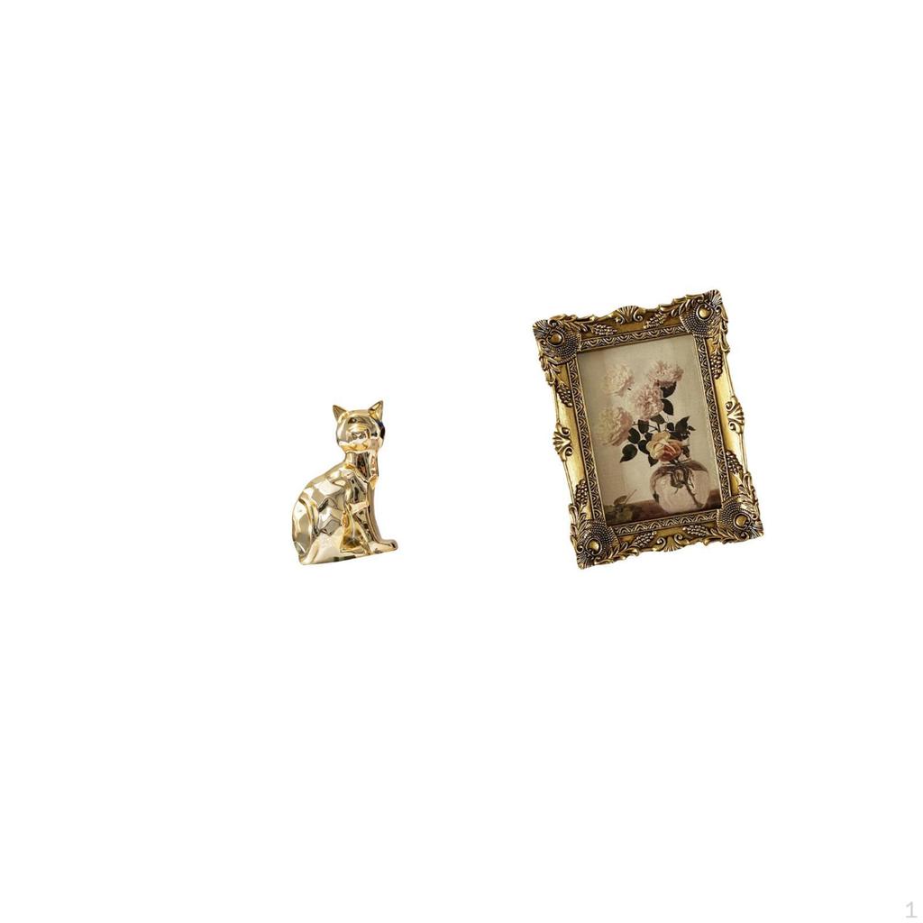 Elegant Feline Sculpture And Vintage Photo Frame for Fireplace Tabletop Display Ornamental Home