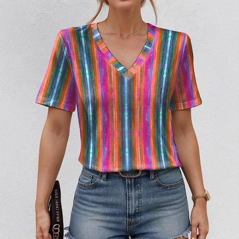 

Spring Summer Women s Retro Printed Casual V-neck Short Sleeved Loose Fit Women s T-shirt 5XL