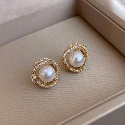 Französische Blitzdiamant-Spiral-Perlenohrstecker Silbernadel Gold Einfache Ohrringe