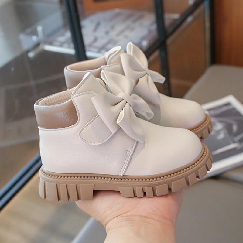 Multi Color Versatile Girls Boots with Flat Heel Low Cut Bow Anti Slip and Waterproof Winter Microfiber Leather Fashion Boots