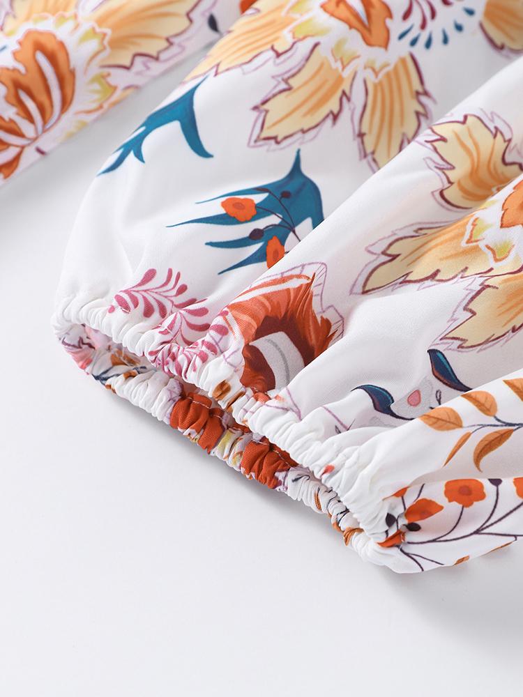 Vintage Blumendruck Lange Lose O-Ausschnitt Laterne Ärmel Weibliche Kleider Hohe Taille Sommer Dame Robe