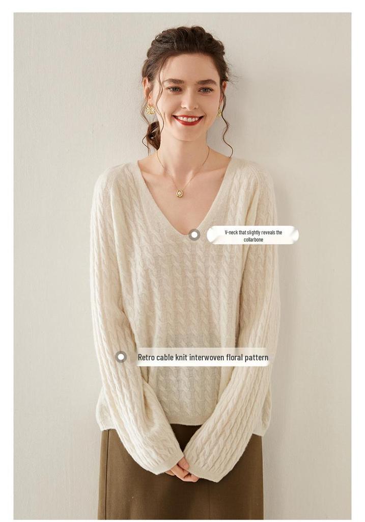 Women's Cashmere V-Neck Sweater - Autumn/Winter Knit, Loose-Fit, Slimming Korean Style Fashion