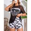 Neuer hochtaillierter Boxershorts Netzbluse Dreiteiler Kokospalmenmuster Schlanker Damenbadeanzug