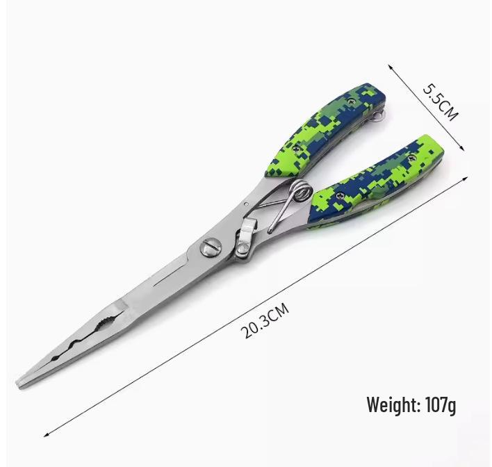 Long Nose Multifunctional Fishing Pliers: Lure, Fish Mouth Clamp, Hammer, Line Cutter, and Hook Control Tool.