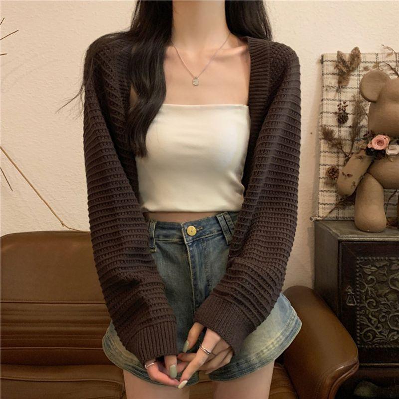 

Мода Модный Вязаный Короткий Кардиган Топы Женский Вязаный Укороченный Топ Кардиган Женский Coffee All yards