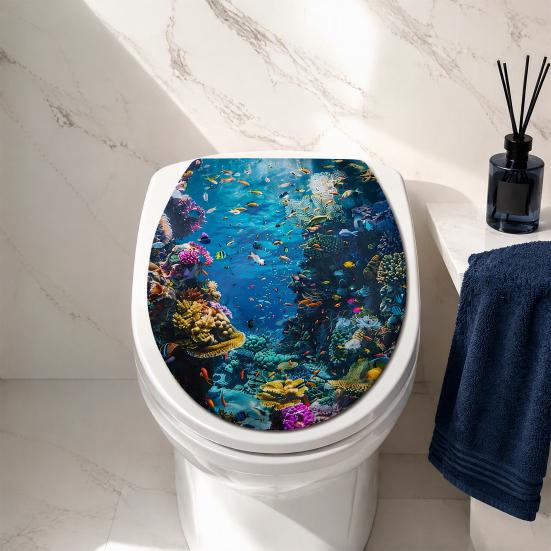 Nicht verblassende Heim-Badezimmer-Ornamente Meereswelt Toiletten-Aufkleber, Einfach abziehen & aufkleben Toilettendeckel Waschbare Schüssel-Dekorationen Aufkleber, Meereslandschaft Wandaufkleber