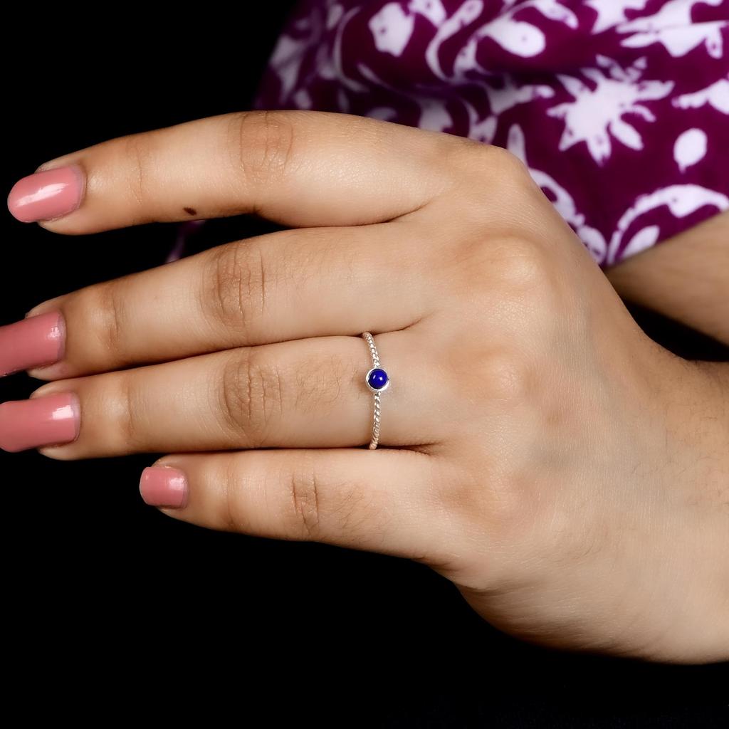 Natural Lapis Lazuli Ring, 925 Sterling Silver Ring, Minimalist Dainty Gemstone Ring Stackable Thin Twisted Band Handmade Jewelry Gift for Women