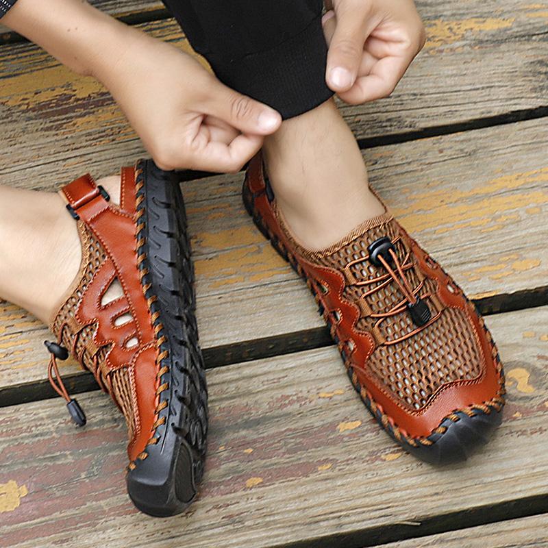 Mens Genuine Leather Sandals  Closed Toe Sandals Hand-stitched Summer Men Sandals Breathable Outdoor Men Beach Sandals