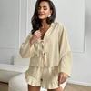 European and American autumn new cardigan lace-up long-sleeved ruffle edge shorts women's pajamas loose casual loungewear