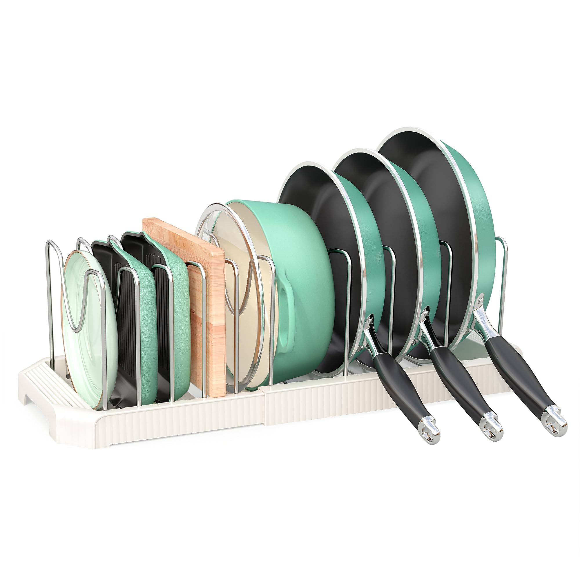 

SIUSA Extendable Frying Pan Stand Base Stainless Steel 10 Compartments for Frying and Pans Adjustable for Pot Cutting and Drawer Storage (ABS +