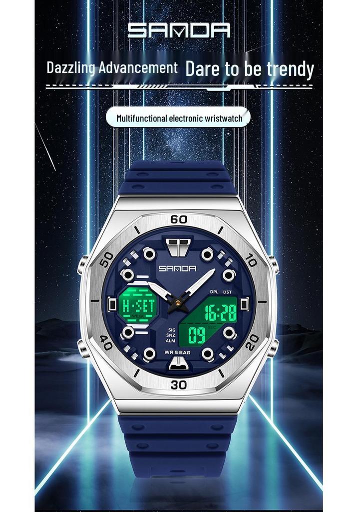 Sanda Men's Trendy Dual Display Casual Watch - Waterproof, Luminous, Octagonal Design with Countdown & Snooze Functions.