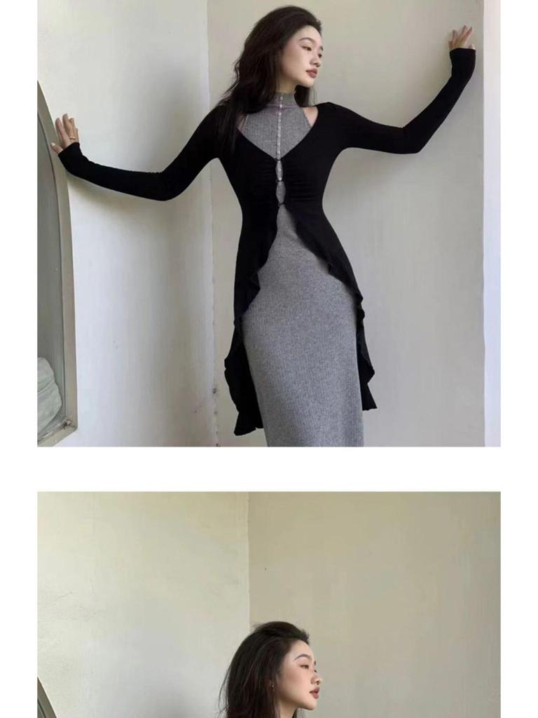 Gray Women's Autumn Two-Piece Set: High-End Cardigan and Bodycon Skirt, Elegant Lightly Mature Style