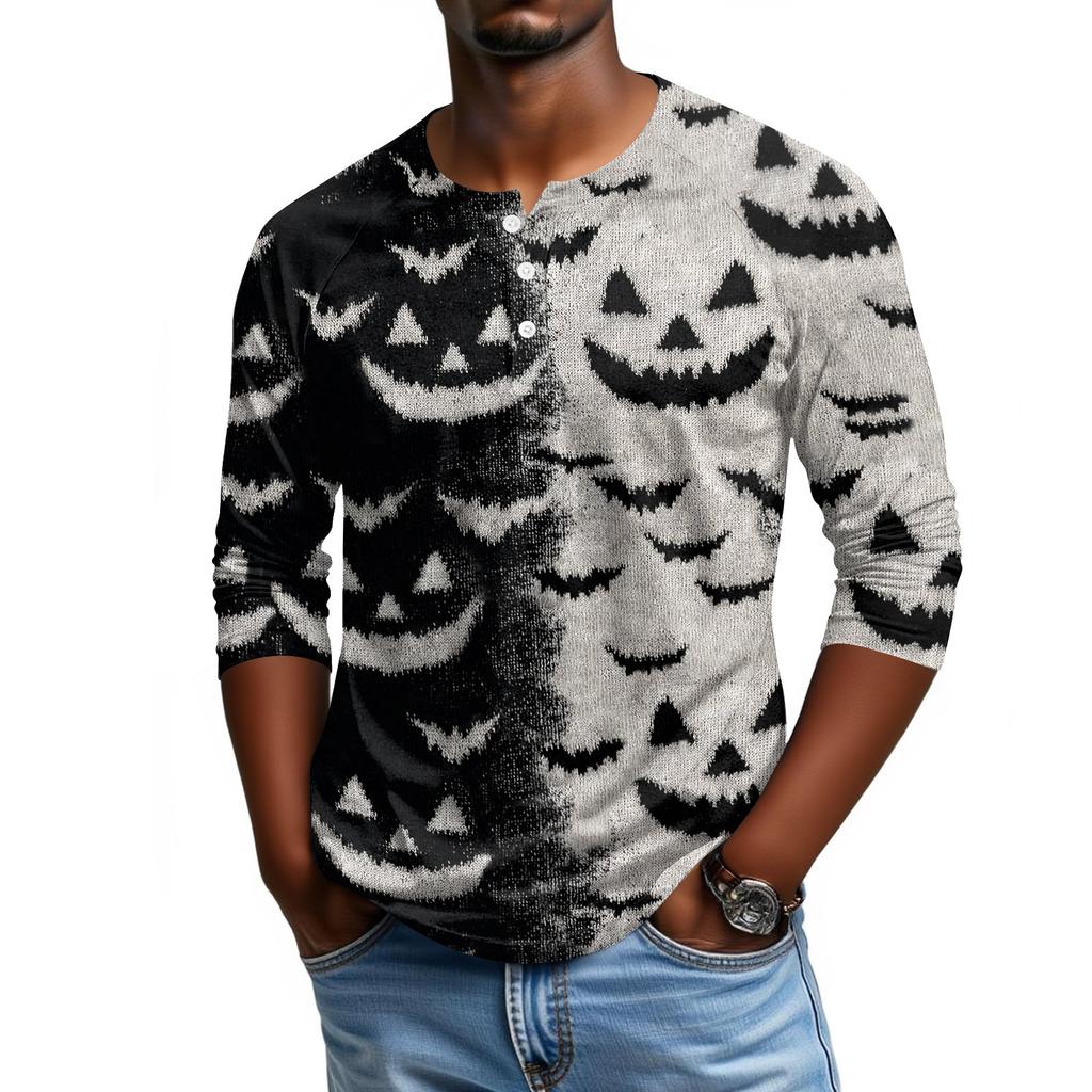 Men's Casual Halloween Print Henley Shirt Three Quarter Sleeve Raglan Top Lightweight Breathable Fabric Comfortable Fit
